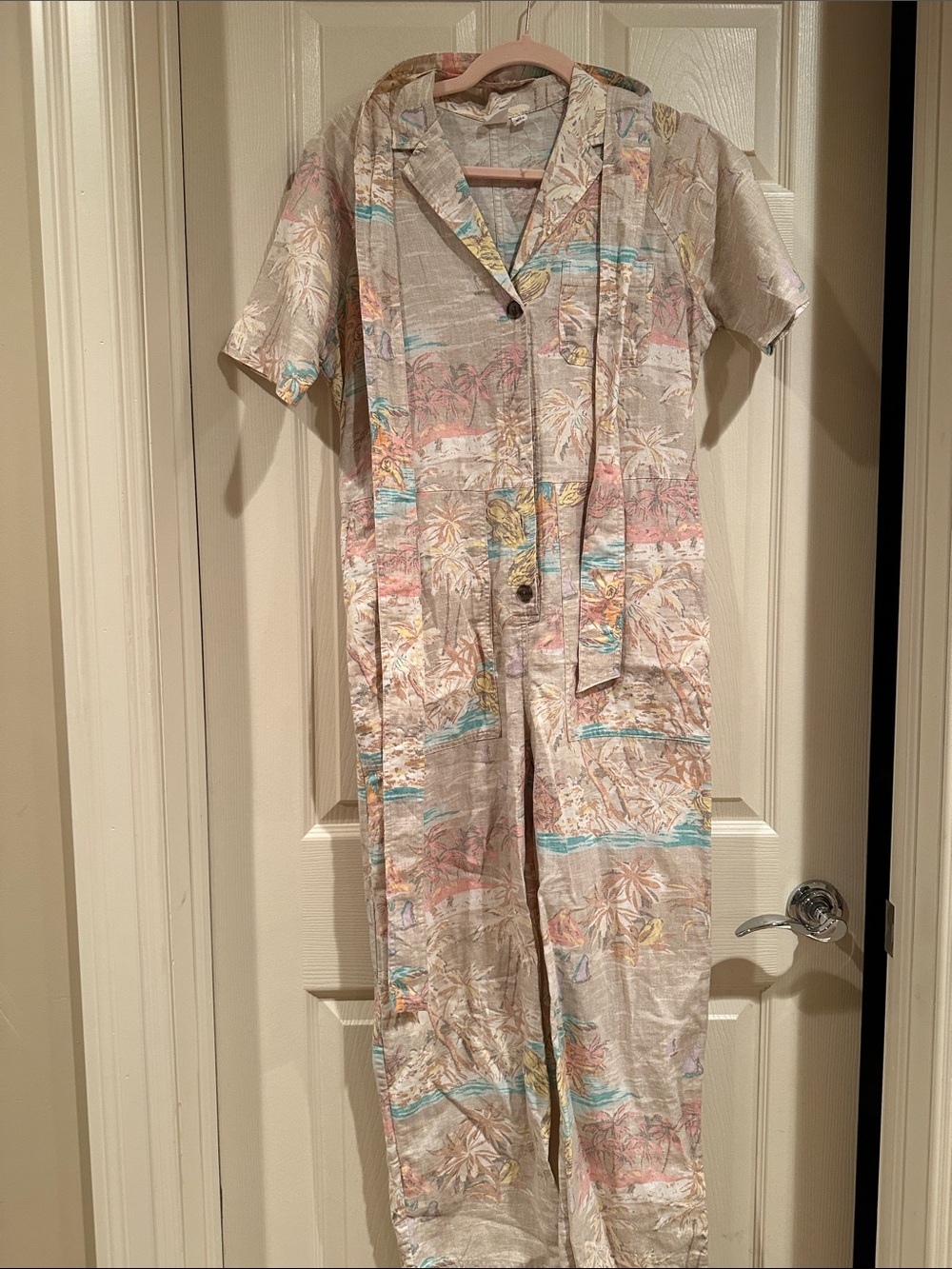 GAP Tropical Print Short-Sleeve Pajama Jumpsuit in Beige with Pastel Accents
